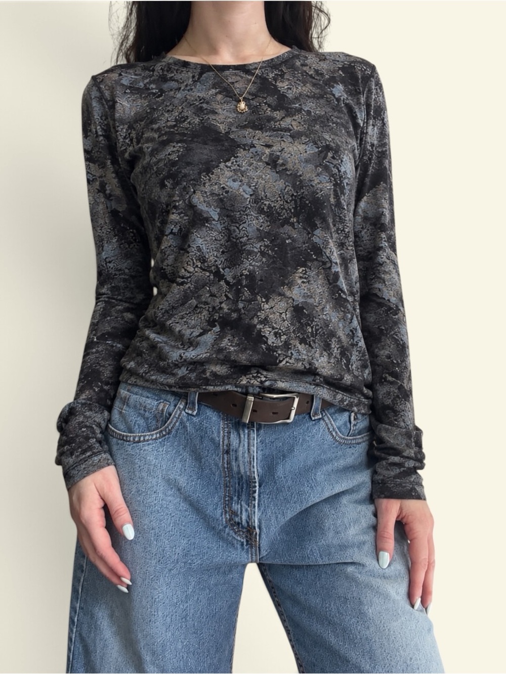 Vintage Y2K Abstract Burnout Devore Long Sleeve Top Grunge Fairycore Grey Blue M